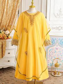 Tween Girl 2pcs Set Sequin Decor Middle Eastern Abaya And Dress - Yellow - View 3