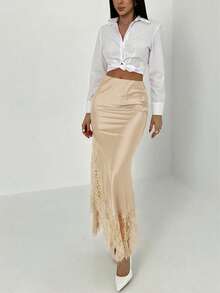 Aloruh Chân váy ren phối màu trơn thanh lịch dành cho nữ, thích hợp đi làm. - Màu be - Xem 7