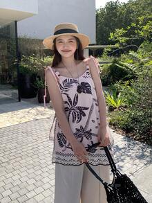 DAZY Asymmetric Hem A-Line Long Camisole With All-Over Print, Casual Vacation Summer Top For Women Graphic Tee - Apricot - View 8