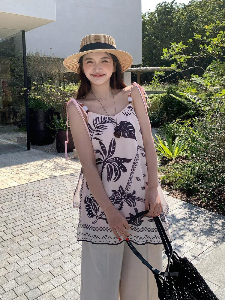 Asymmetric Hem A-Line Long Camisole With All-Over Print, Casual Vacation Summer Top For Women