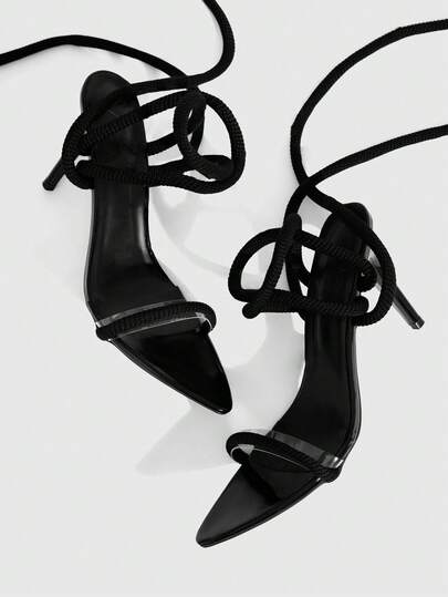 CUCCOO SZL Women Shoes Personalized Woven Rope Winding Design Pointed Stiletto High Heel Sexy Babes Fashion Black Nylon Woven Rope + Glossy Patent Leather Women's High Heel Sandals Daily Going Out Party Night Club Commute Shopping Dating Spring Shoes