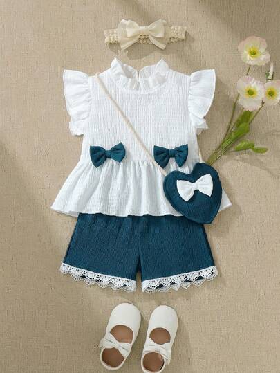 SHEIN 2件套女童夏季蝴蝶装饰荷叶边袖上衣和松紧腰荷叶边短裤套装，含蝴蝶爱心斜挎包