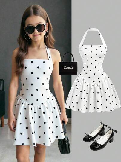 SHEIN Teen Girl Casual Cute Black & White Polka Dot Halter A-Line Dress