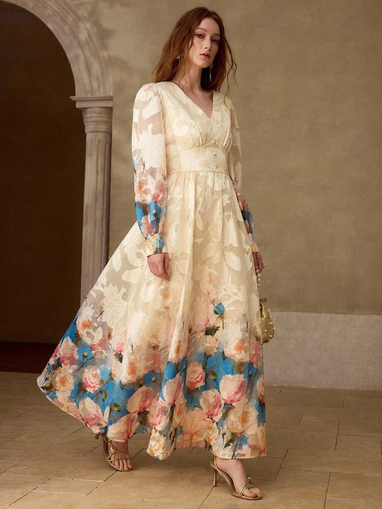 WOMEN'S DIGITAL PRINT OMBRE FLORAL V-NECK CINCHED WAIST LONG DRESS, SUMMER