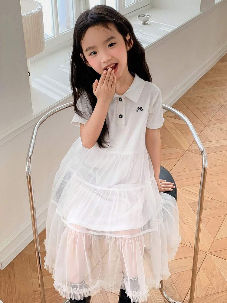 Young Girl Bow Print Ruffle Mesh Casual Party Dress