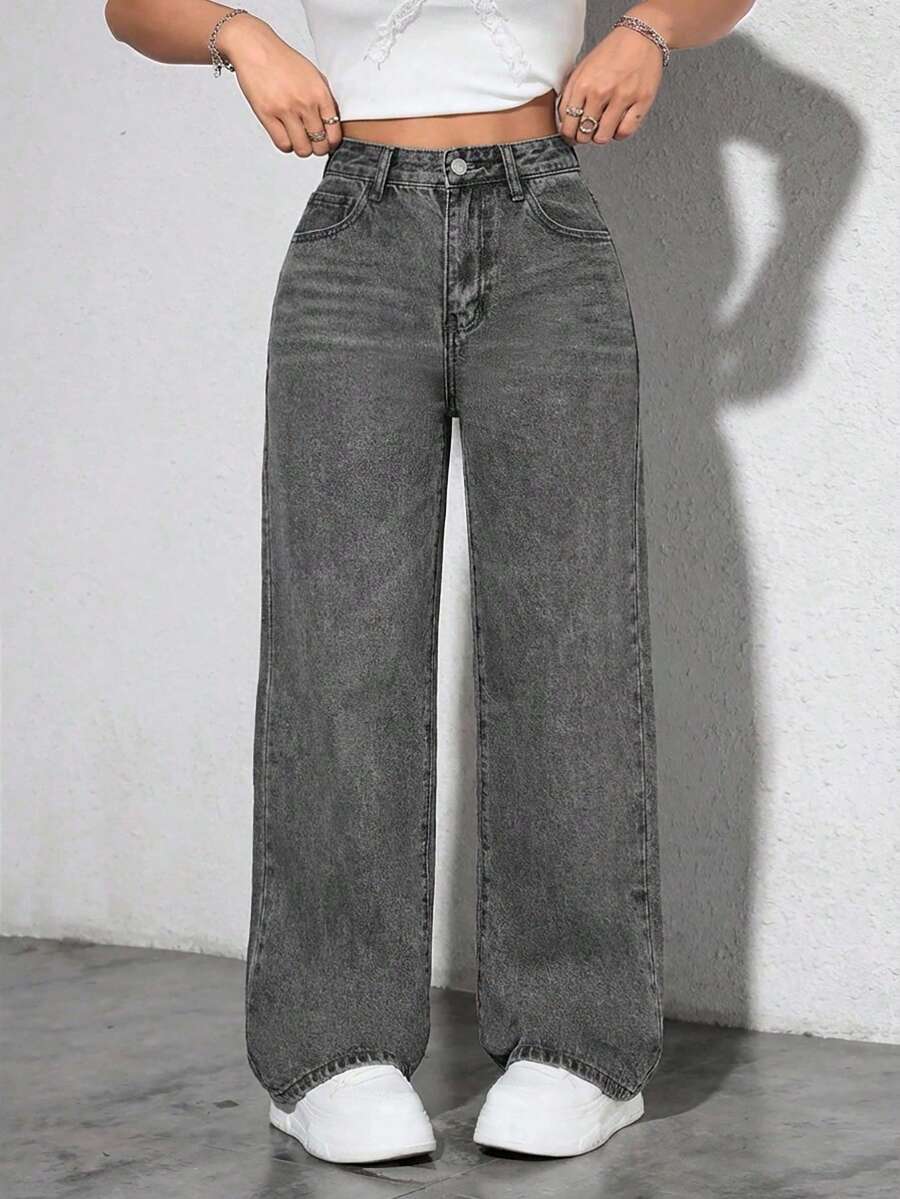 EURMUSE Jeans casuales y versátiles de tiro alto, pierna ancha y bolsillos para mujer - Gris - Ver 1