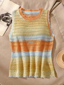Lyxana Blusa feminina casual de malha sem mangas com estampa listrada em blocos de cores e detalhes vazados, ideal para primavera/verão. - Multicolorido - Ver 3