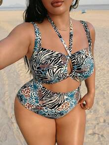 Swim SXY Bộ đồ bơi liền thân cỡ lớn dành cho nữ, họa tiết da báo, kiểu dáng ngẫu nhiên, dây mảnh, kèm chân váy cùng màu, kiểu dáng gợi cảm. - Nhiều màu - Xem 3