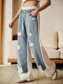 Anewsta 女士休闲嘻哈街头风做旧拼接白色运动裤 - 藍白色 - 查看 7