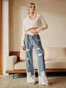 Anewsta 女士休闲嘻哈街头风做旧拼接白色运动裤 - 藍白色 - 查看 8