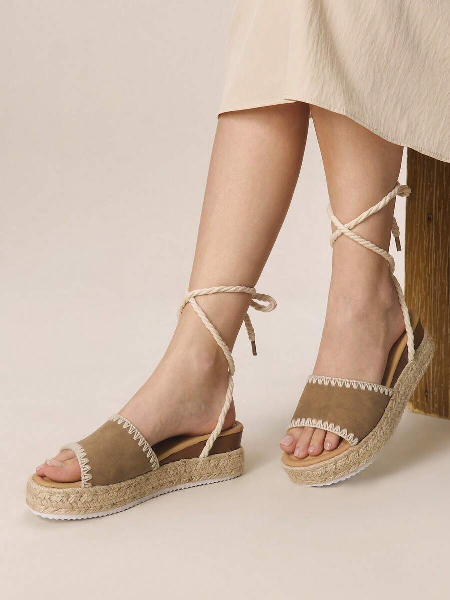 Styleloop Nuevas sandalias con correa y tira trasera, cuña gruesa para mujer, verano, punta abierta, cuerda de cáñamo, paja, impermeable, estilo romano, para uso exterior, playa, vacaciones, color caqui - Caqui - Ver 1