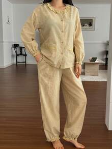 DAZY Spring Sweet Plaid Ruffle Trim Lantern Sleeve Women Pajama Set - Yellow - View 6