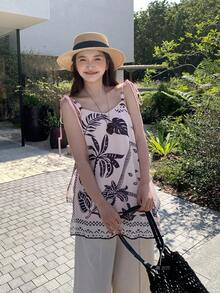 DAZY Asymmetric Hem A-Line Long Camisole With All-Over Print, Casual Vacation Summer Top For Women Graphic Tee - Apricot - View 5