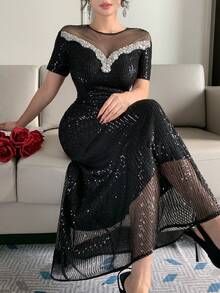 DAZY Đầm nữ mùa hè phối lưới, cổ tròn, tay ngắn, đính sequin. - màu đen - Xem 1