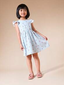 SUMWON Vestido de verano de estilo ajustado y acampanado con mangas de volantes a rayas y estampado de flores pequeñas, para uso casual de día, longitud midi y estilo línea A para niñas - Azul - Ver 4