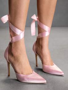 CUCCOO SZL Women's Fashionable Elegant Pointed Toe Lace-Up High Heels For Commuting - Pink - View 3