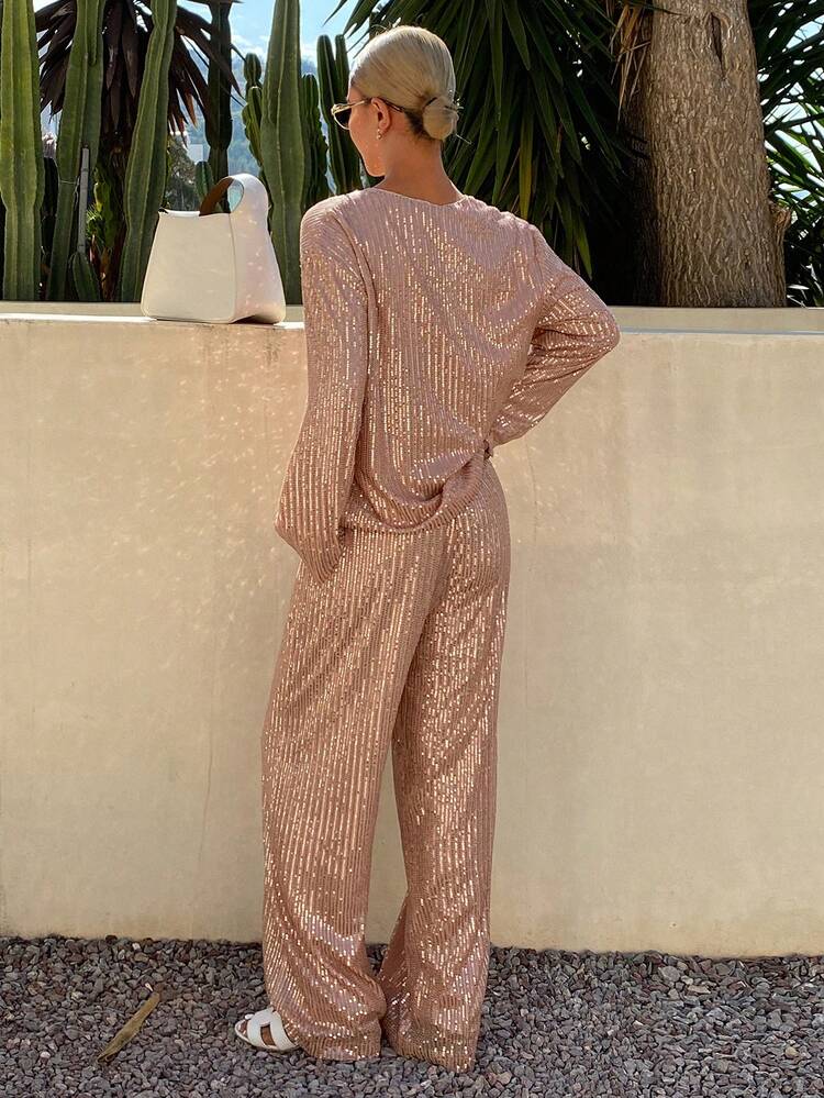 Women's Casual Sequin Tie-Up Shirt And Wide Leg Pants 2 Pieces Set, Spring/Summer