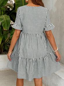 SHEIN 夏季孕妇及哺乳期休闲条纹荷叶边连衣裙 - 綠色 - 查看 2