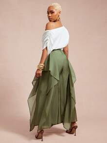 Vixey High Waist Textured Chiffon Fully Lined Culotte Pants - Army Green - View 5