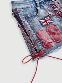ROMWE Grunge Punk Minifalda ajustada de mezclilla con diseño de cordón de contraste y parche con estilo de bandera del Reino Unido - Azul - Ver 4
