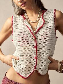 Bohemela Women's Round Neck Cardigan Sleeveless Knit Sweater Top - White - View 5