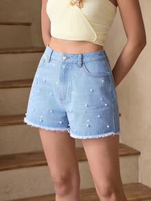Selenza 女士优雅派对水钻珍珠装饰牛仔短裤，夏季 - 淺色水洗藍 - 查看 3