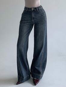 DAZY Quần jeans ống rộng dáng retro, chất liệu denim mài, thích hợp cho nữ, phong cách mùa hè. - Màu xanh lam - Xem 7