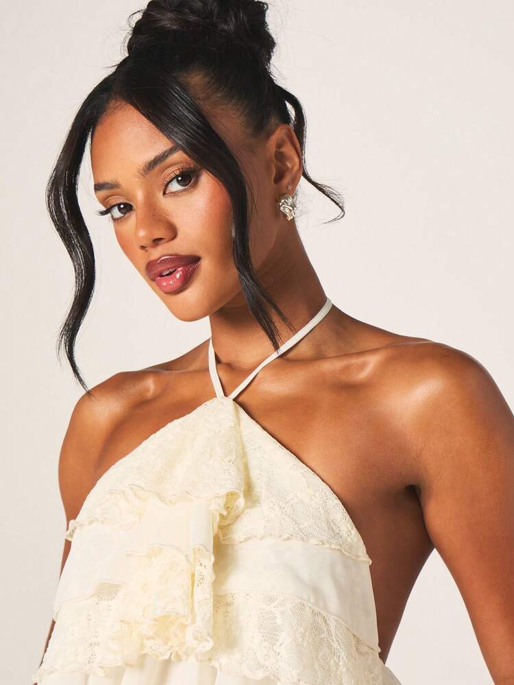 MISSGUIDED Women Cream Lace Chiffon Tiered Ruffle Halter Neck Mini Dress Party Cocktail Summer Wedding Guest Feminine
