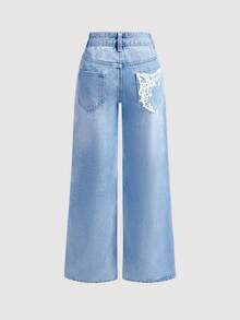 Selenza Women's Graphic Print Slant Pocket Casual Versatile Jeans Wide Leg Jeans Woman Jeans With Designs Flower Jeans Cowboy Pants For Women Cowgirl Jeans - Blue - View 9