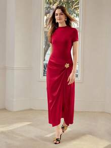 MOTF PREMIUM WOMEN'S ELEGANT PATCHWORK LONG DRESS, SUITABLE FOR DAILY WEAR AND DATES, SPRING/SUMMER - Red - View 6