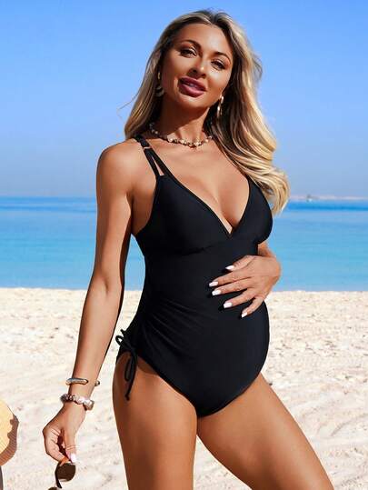 SHEIN 26SS 黑色基础款休闲沙滩连体裤，孕妇夏季款