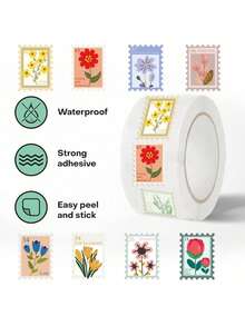 500PCS/Roll Flower Stamp Stickers Roll 10 Style Flower Aesthetic Stickers Waterproof Vinyl Stickers - Flower seal - View 3