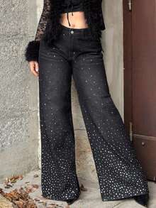 Jeta Ari 女式低腰休闲 Y2K 水钻装饰阔腿直筒牛仔裤 - 黑色 - 查看 4