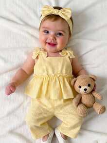 SHEIN Newborn Baby Girl Vacation Casual Cute Yellow & White Striped Camisole & Pants Set - Yellow - View 1