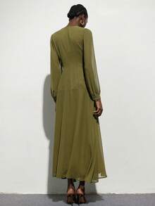 Aveloria Modichic Elegant Olive Green Chiffon Dress For Women,V-Neck Long Puff Sleeve Silk Dress, Retro Style For Autumn Tea Party,Office,Commute & Gatherings - Army Green - View 2
