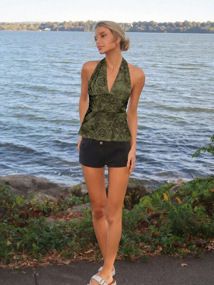 Sydney Algeri 女式花卉印花露背深 V 领收腰 A 字形露背吊带背心 - 軍綠色 - 查看 1