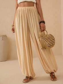 Vesra Women's Solid Color Pleated Casual Versatile Daily Wear Lantern Pants - Apricot - View 4