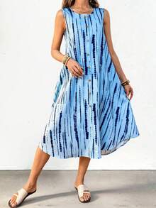 Fembélia Asymmetrical Hem Printed Elegant Dress For Women - Blue - View 6