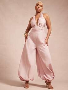 Vixey Solid Woven Ruched Halter Neck Balloon Hem Jumpsuit - Dusty Pink - View 3