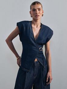 Hauture Áo sơ mi denim nữ kiểu quấn vai với chi tiết kim loại vàng, gợi cảm, phù hợp cho công sở. - Rửa tối - Xem 4