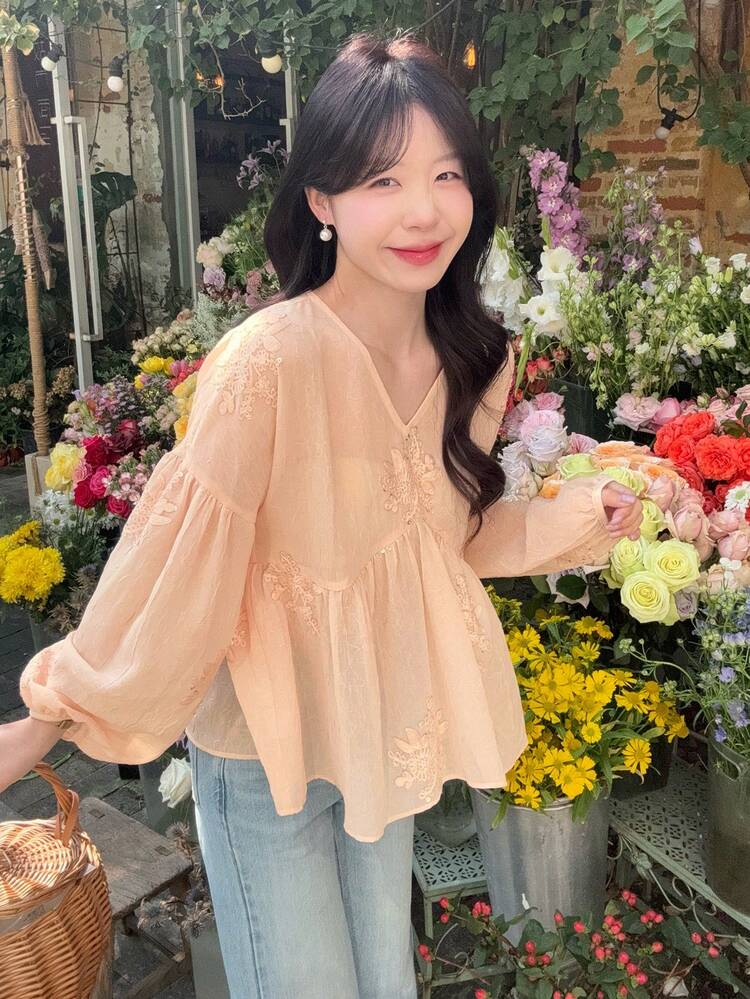 Women's V-Neck Pleated A-Line Long Sleeve Sequin Elegant Blouse