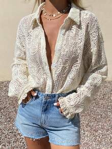 DAZY 纹理提花面料宽松长袖翻领休闲度假夏季女式衬衫 - 杏色 - 查看 1