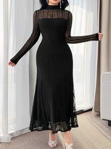 Feyla Vestido de encaje de unicolor elegante para talla grande para ir al trabajo - Negro - Ver 4