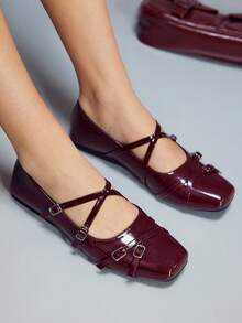 CUCCOO GRLICON Giày bệt mũi vuông màu đen có nơ, thích hợp cho mùa tựu trường, Halloween, Giáng sinh, tiệc tùng, ngày Valentine, phong cách Y2K. - Rượu vang đỏ 1 - Xem 6