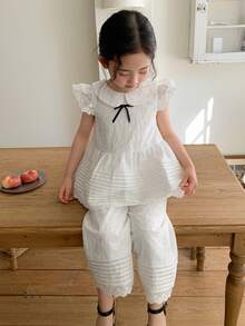 DAZY Young Girl Embroidered Peter Pan Collar Cap Sleeve Blouse And Pants Cute 2-Piece Set - White - View 7