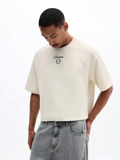 SUMWON Men's Raglan Sleeve Summer Crew Neck T-Shirt With Cursive Logo Print Relaxed Fit Casual Tee