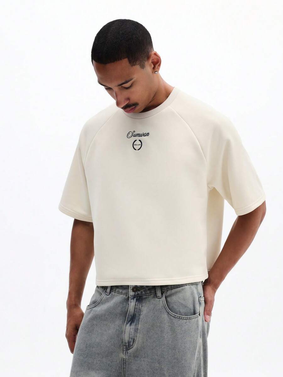 SUMWON Men's Raglan Sleeve Summer Crew Neck T-Shirt With Cursive Logo Print Relaxed Fit Casual Tee - Apricot - View 1