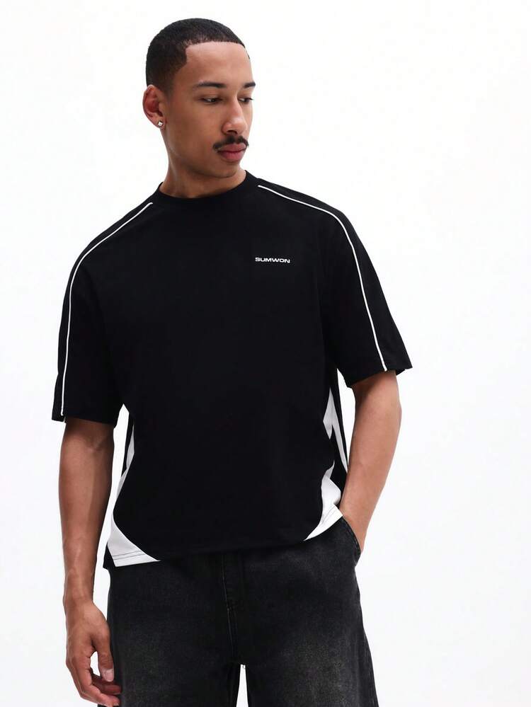 Herren Kontrast-Farbblock Paspel Kurzarm Rundhals Regular Fit T-Shirt Casual Sport Sommer Top