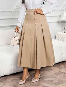 SHEIN Lady 女士双排扣褶裥优雅卡其色半身裙 - 卡其色 - 查看 5
