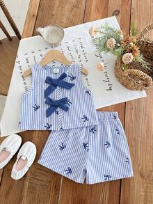 Emery Rose Kids Emery Rose Kids 两件套女童条纹圆领上衣和短裤套装 - 藍色 - 查看 5